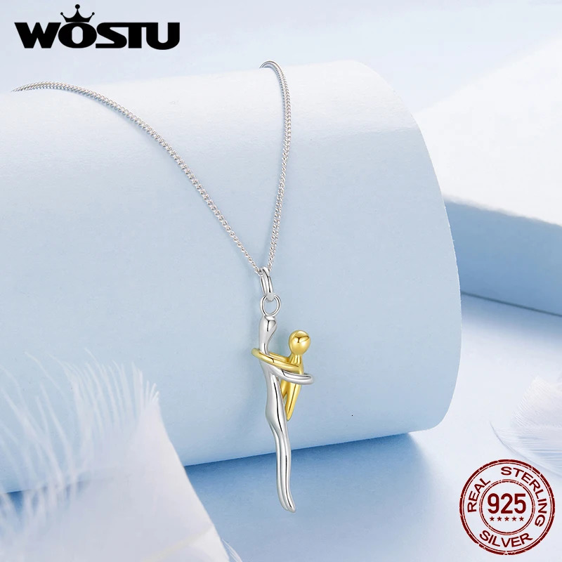 WOSTU Real 925 Sterling Silver Hug Embrace Pendant Necklace Silver Gold Two-tone Mom Child Pendant Family Gift Mom Jewelry 260124