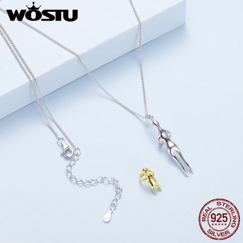 WOSTU Real 925 Sterling Silver Hug Embrace Pendant Necklace Silver Gold Two-tone Mom Child Pendant Family Gift Mom Jewelry 260124