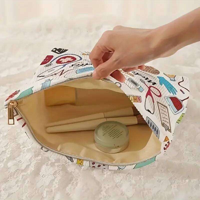 Medical Graffiti Printed Corduroy Bag, Lightweight Zipper Makeup Storage Box, Multi functional Bag with Lining Y260206