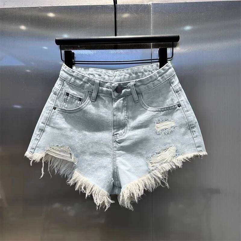 retro irregular old ripped denim shorts women's summer low waist design jeans hot pants sky blue XJ260206