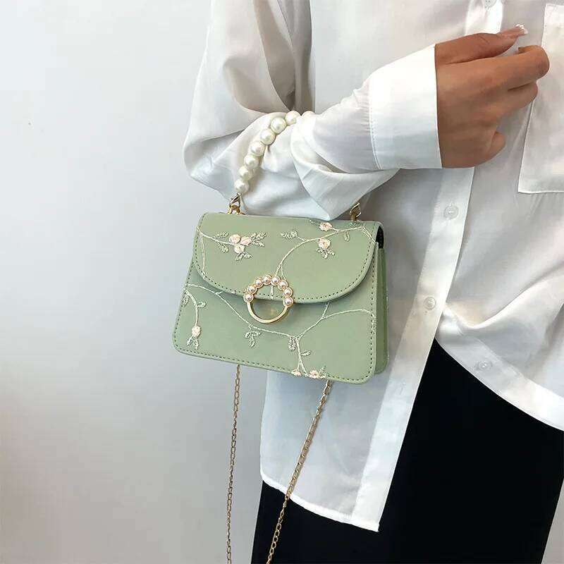 Fashionable Pearl Handbag Women Stylish Lace Chain Single Shoulder Bag, Synthetic Leather Small Square Bag for Daily Use Y260205