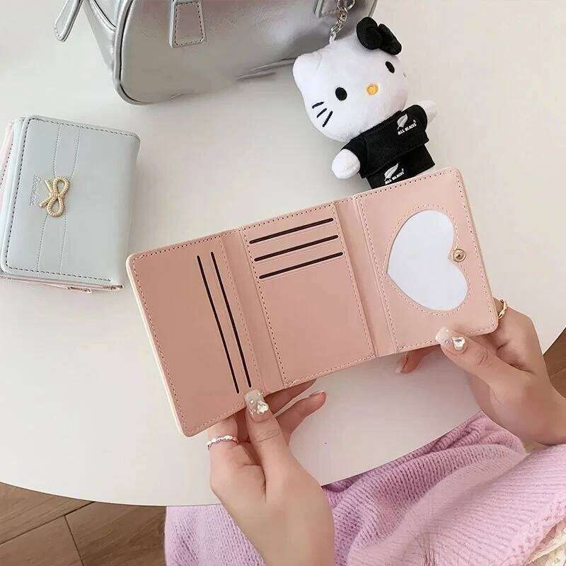 Fashion Wallets Girls Cute Bow Small Wallet Aesthetic Card Holder Classic Three Fold Purse For Women Student Simple Coin Pouch Y260206