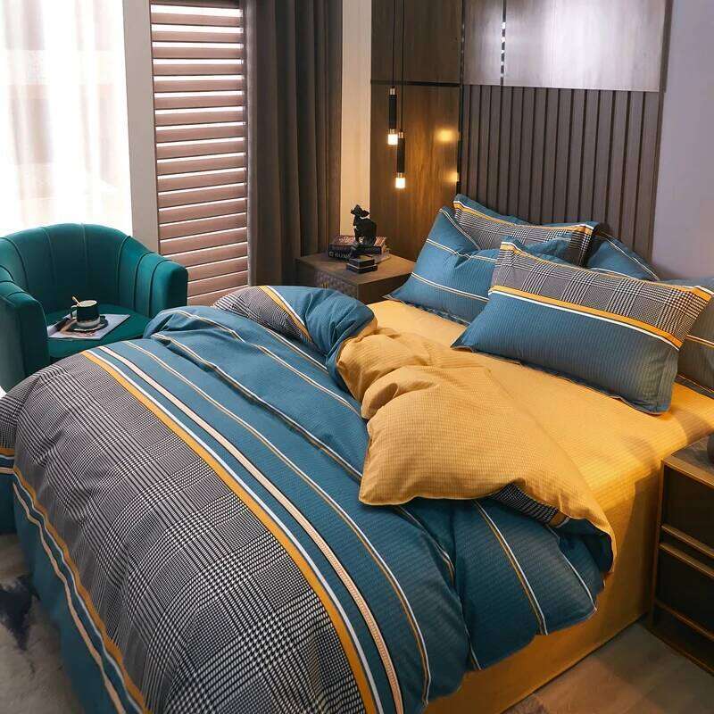 3pcs Dark Blue Striped Style Duvet Cover Set for Boy Geometric Pattern Luxury Hotel Room Decor 100% Cotton Skin-friendly Bedding XJ260206