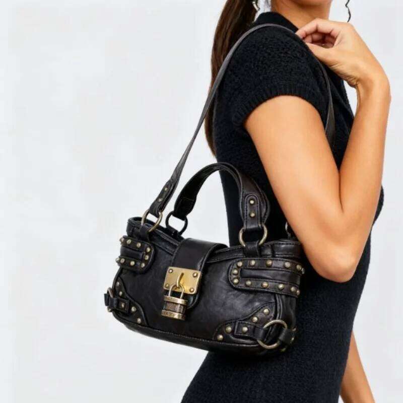 Women's Shoulder Maillard Retro Leopard Bag Spicy Girl Y2k Wasteland Style Vintage Leather Armpit Rivet Handbag Y260205