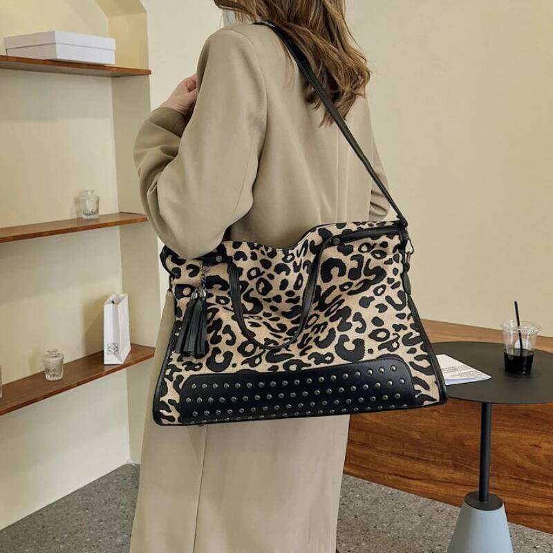 Fashion Leopard Pattern Women's Handbag Retro Rivet New Large Capacity Multi Functional Travel Shoulder Crossbody Bag Y260205