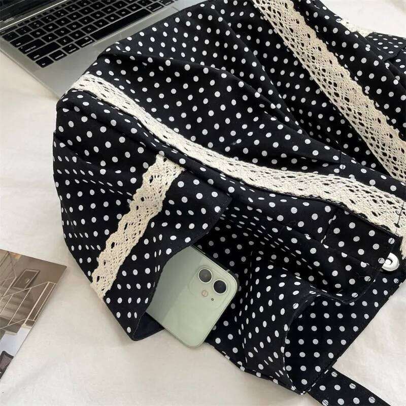 Korean Vintage Canvas Shoulder Women Cute Lace Large Capacity Tote Multi Pocket Handbag Fashion Round Dot Underarm Bag Z260207 - view 5