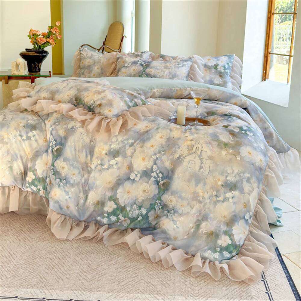 Flower Bedding Luxury Bedroom Decor Comforter Ruffles Duvet Cover Pillowcase Bed Sheet Washed Cotton Four Pieces Set XJ260206