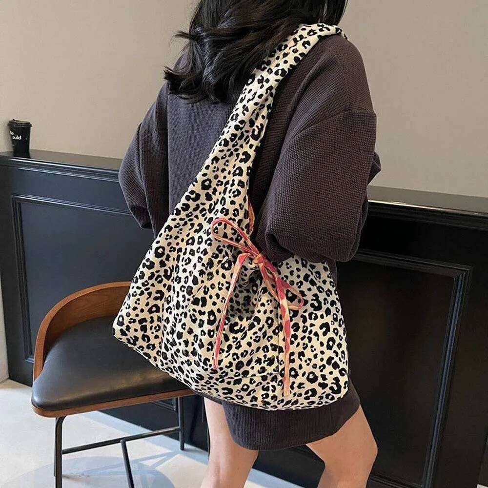 Stylish Handbag for Women, Double Sided Leopard Print Tote Bag, Fashion Bow Large Capacity Shoulder Bag Y260205