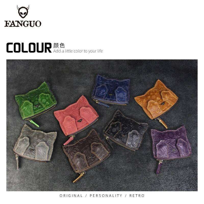 Handmade Genuine Leather Coin Purse Small Mini Slot Pocket Money Bag Cute Cat Portable Organizer Key Card Wallet Y260206