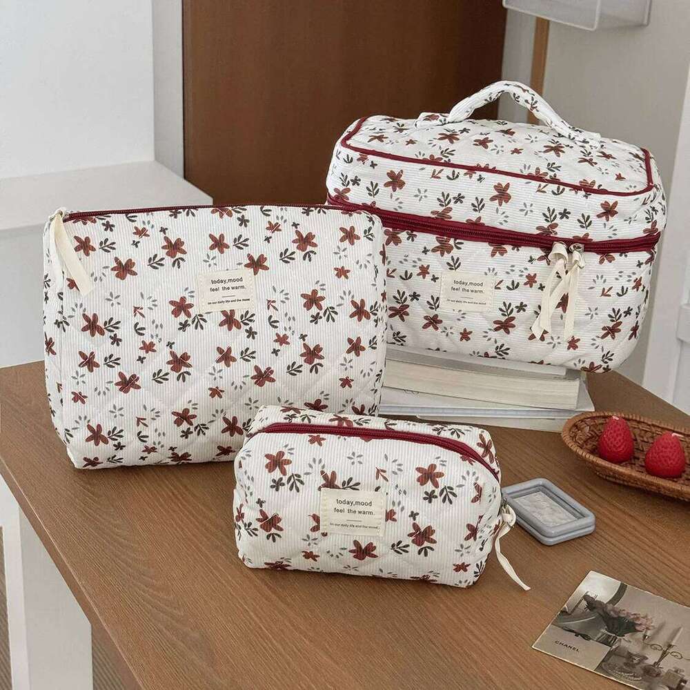 3 Set Red Floral Tote Women's Large Capacity Cosmetic Storage Clutch Ladies Corduroy Pouch Makeup Bag Y260206