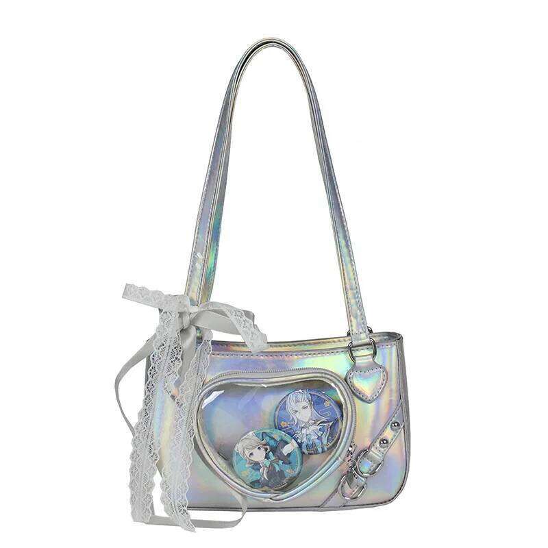 Japanese Style Love Transparent Girls Ita Shoulder Bags JK PU Leather Women Small Handbag Belt Badge Display Female Underarm Bag Y260205