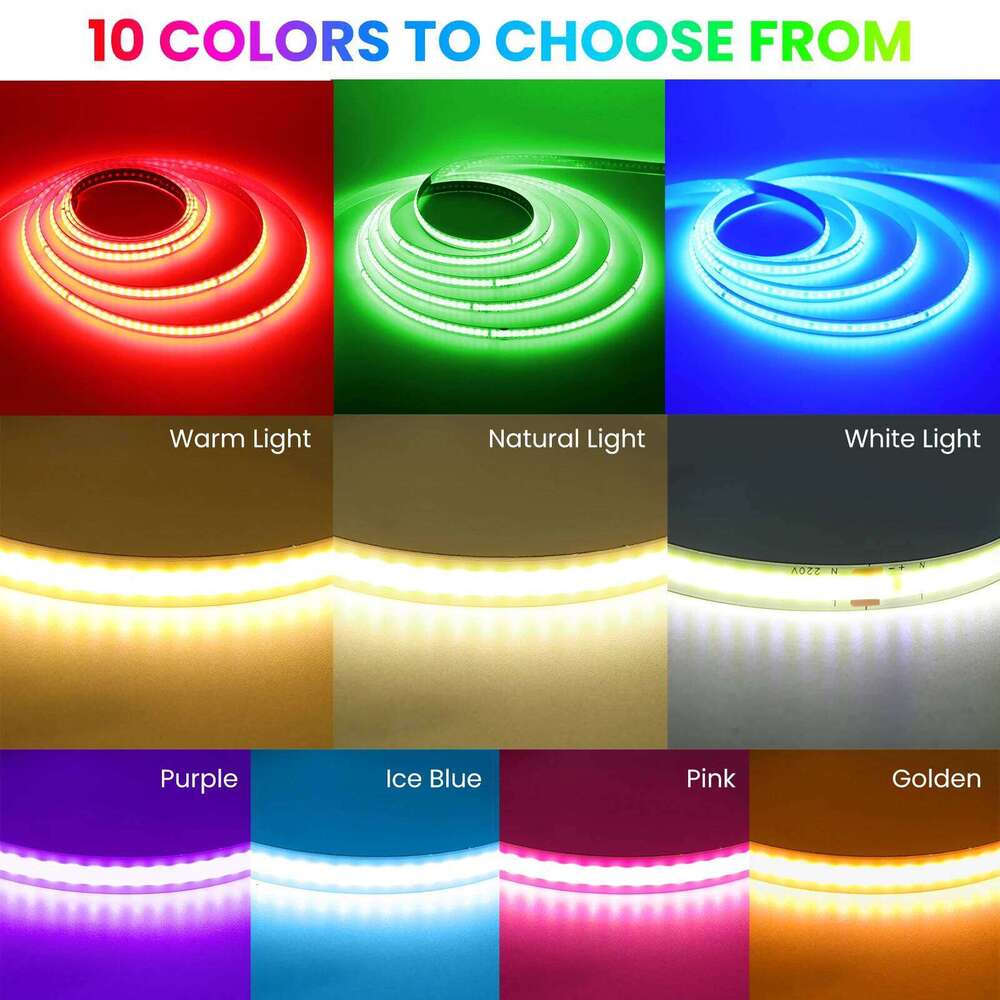 AC 220V COB Strip 240Leds/M 5M 10M 20M 50M/Roll Red/Green/Ice Blue/Pink/White/Purple Flexible Ribbon LED Light For Home Decor Z260206