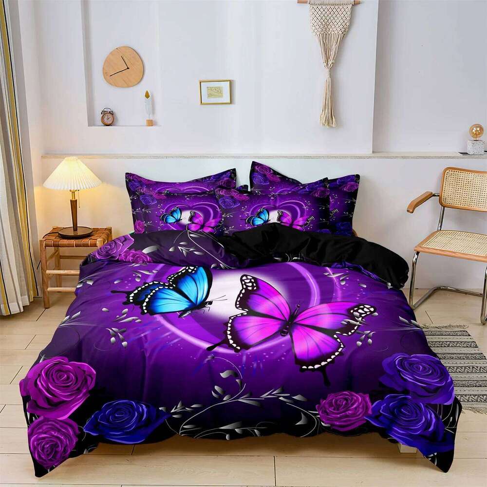 3pcs Fashion Classic Popular Purple Butterfly Flower Digital Print Duvet Cover Bedding Set Soft Comfortable Bedroom Guest Room XJ260206