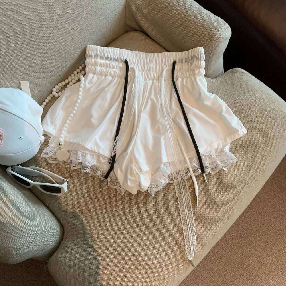 Women's Patchwork Fake Two-piece Lace High Elastic Waist Drawstring A-shaped Casual Shorts Pants XJ260206