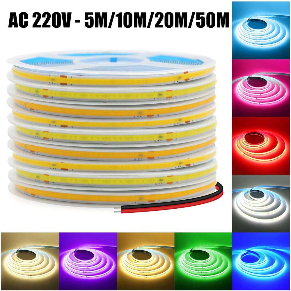 AC 220V COB Strip 240Leds/M 5M 10M 20M 50M/Roll Red/Green/Ice Blue/Pink/White/Purple Flexible Ribbon LED Light For Home Decor Z260206