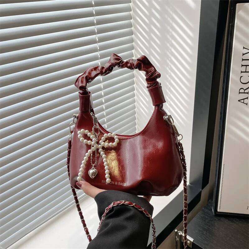Hot Y2K New Underarm Bags for Women Pleated Handle Design Ladies Pearl Bow Handbag Adjustable Strap Shoulder Crossbody Bag Y260205