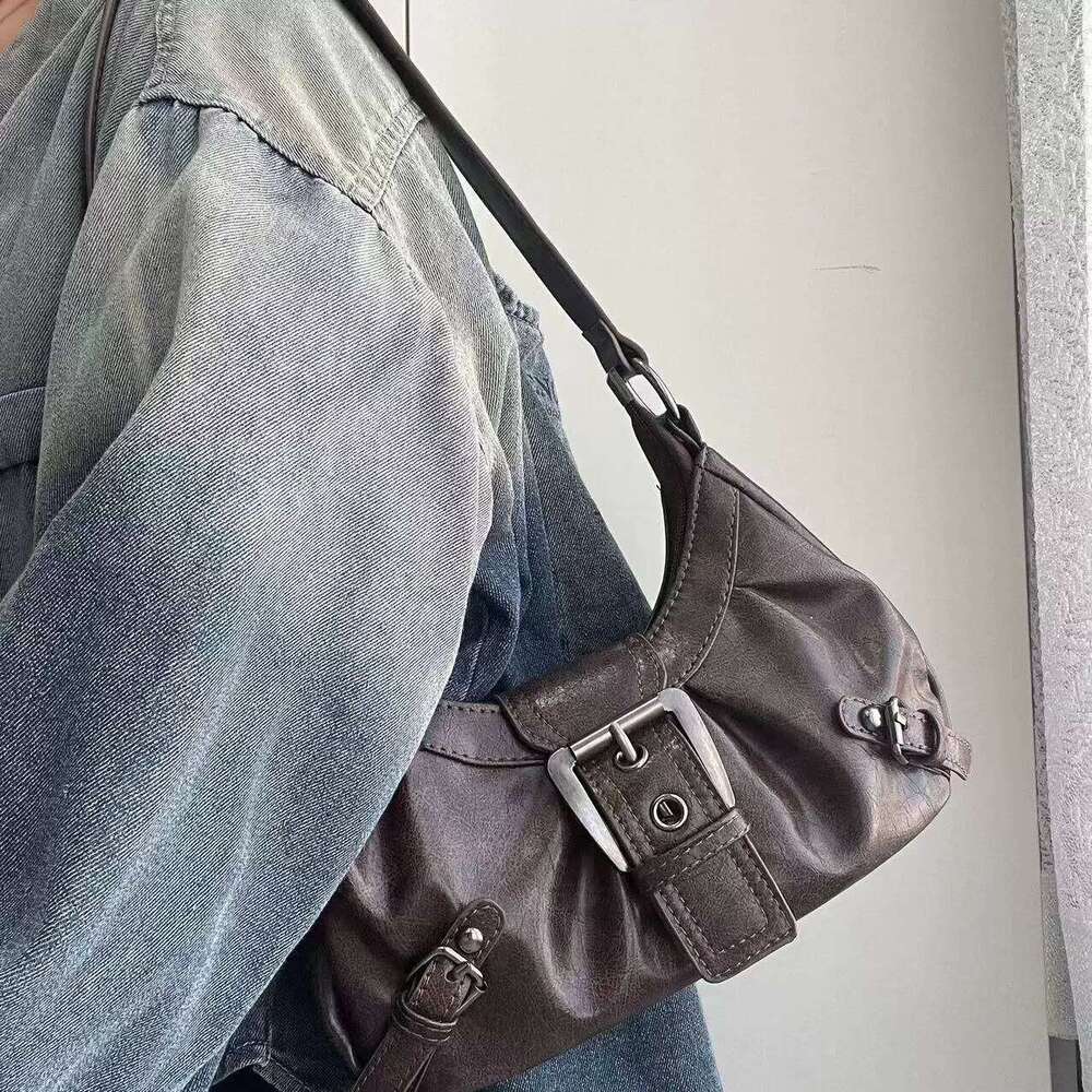 Bags Y2K Retro Style Maillard Pleated Rivet Armpit Bag, Fashionable Ladies Cool Leather Shoulder Bag Z260207 - view 6
