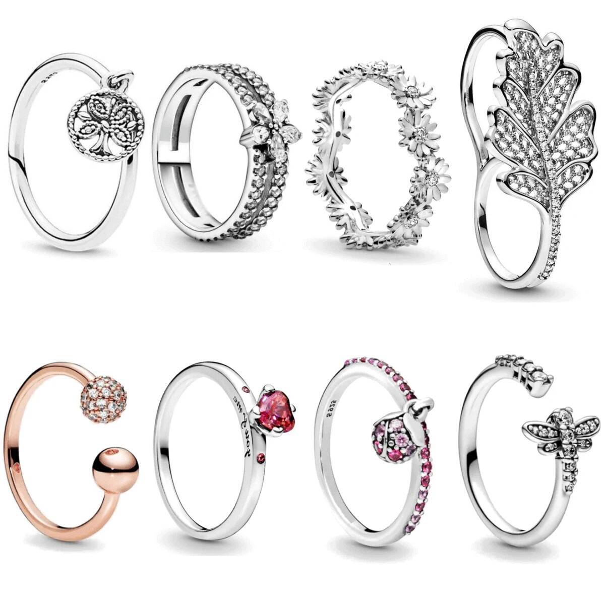 Hot Sale Original 925 Sterling Finger Rings for Women Silver Zirconia Stone Leaves Daisy Tree Life Trinkets Jewelry