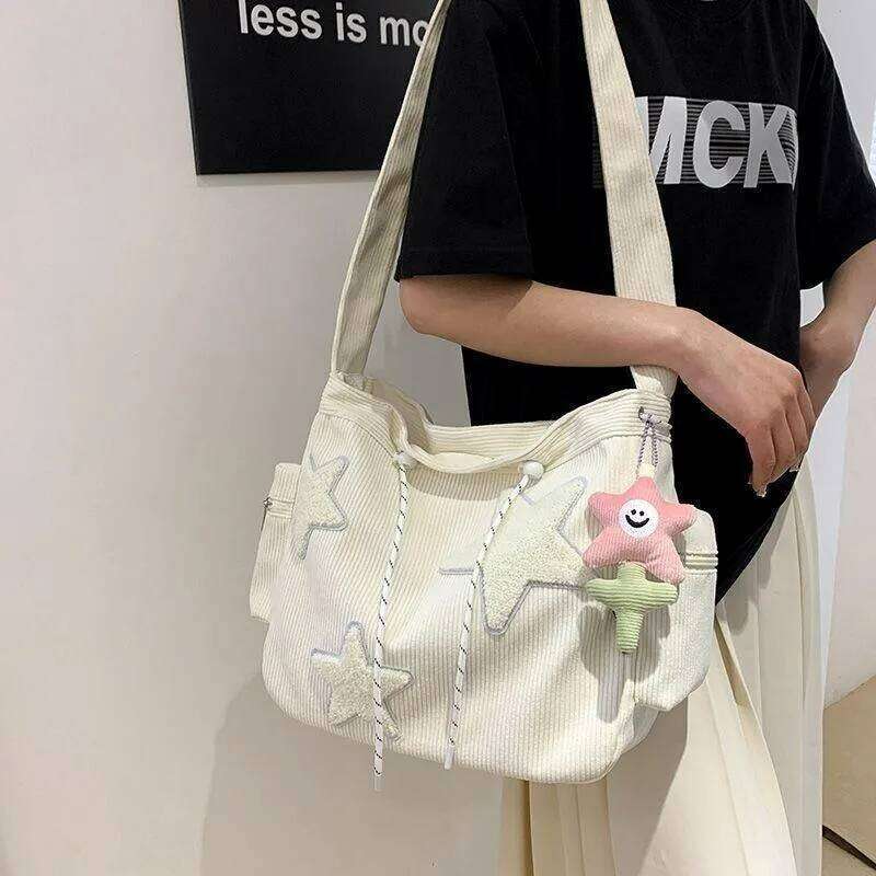 Niche Design Handbag Star Female Student Large Capacity Commuting Tote Corduroy Shoulder Crossbody Bag 2023 New Y260205