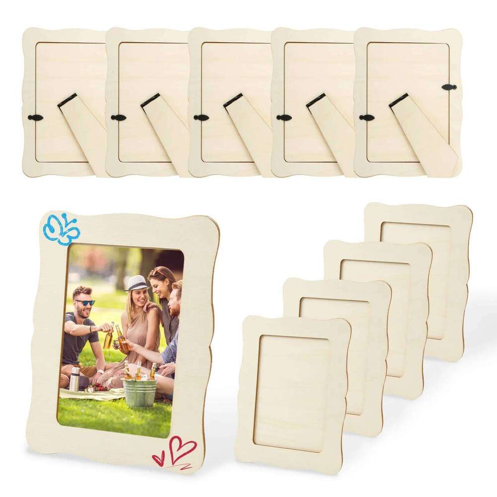 10Pcs Unfinished Wooden Frames Wavy/Rectangle Holder DIY Painting Crafts Photo Display Stand Home Office Desktop Decor S260205