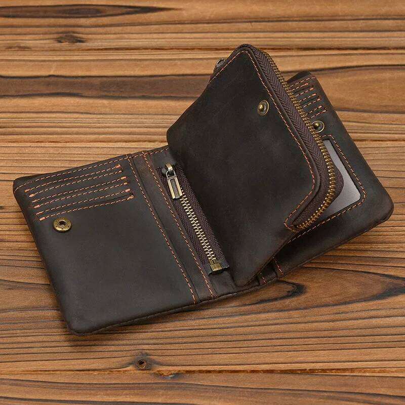 New Vintage Crazy Horse Leather Wallet, Zipper Coin Pocket & Snap Closure, Multi-Card Bifold with RFID Blocking Y260206