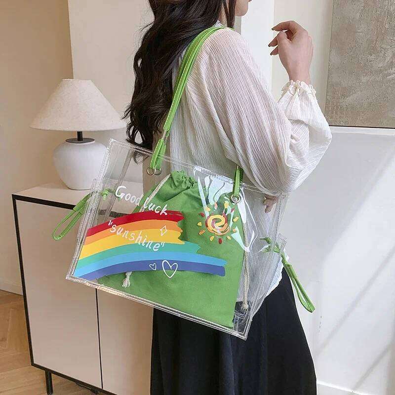 2025 Summer Travel For Women Printing PVC Handbag Warterproof Transparent Shoulder Fashion Vacation Beach Tote Bag Y260204