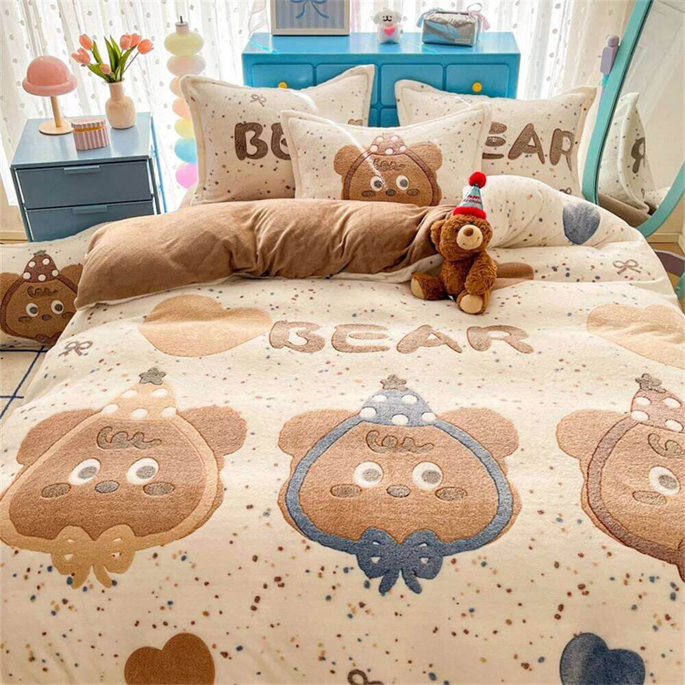 Winter Warm Milk Velvet Four-Piece Thickened Coral Fleece Duvet Cover Pillowcase Bed Sheet Bedroom Decor Queen Bedding Set XJ260206