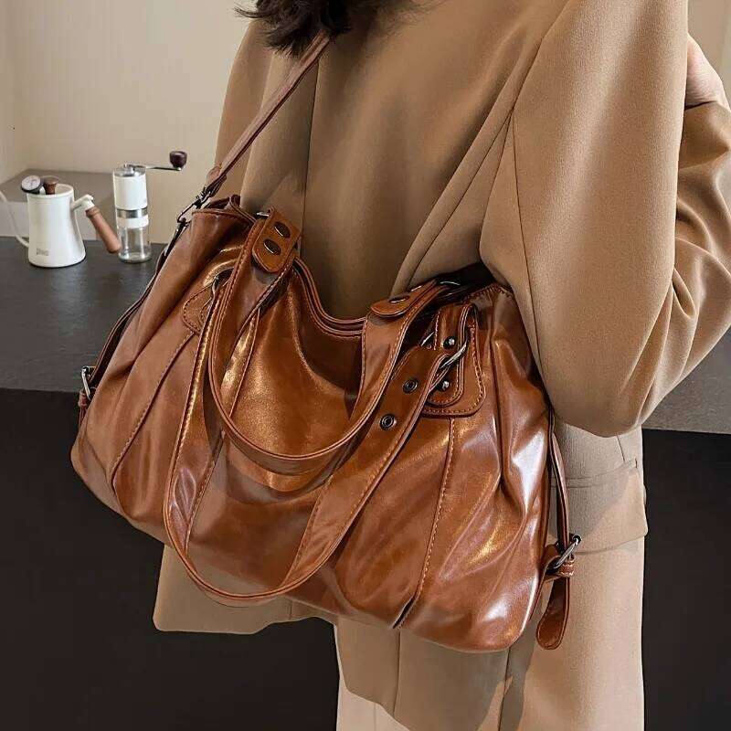 Large Capacity Vintage Leather Handbag with Zipper Closure, Crossbody Tote Bags, Fashion Versatile, Suitable for Commuting Use Y260205