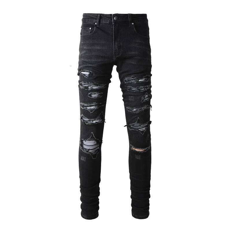Men's Black Distressed Bandanna Patchwork Holes Repaired Skinny Stretch Moustache Slim Fit Ripped Jeans Men X260207