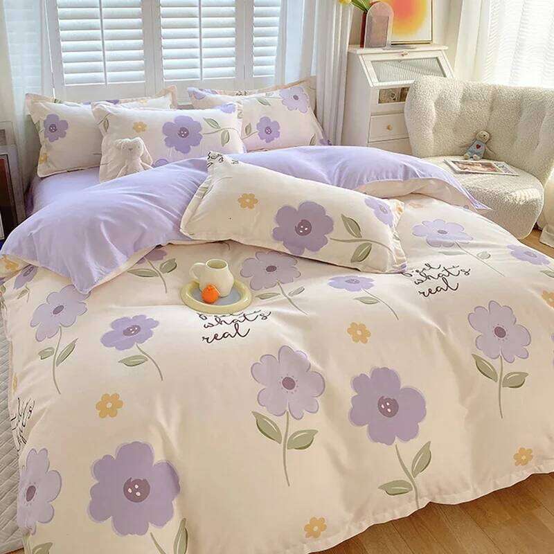 Skin-Friendly Twill Fabric Bed Sheet Four Piece Set Ab Double-Sided Color Blocking Bedding Sets Flower Printed Quilt Cover XJ260206