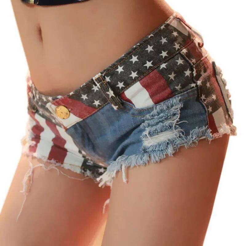 Stylish High Street Flag American Vintage Print Ripped Hip Hop Hot Girl Baggy Denim Shorts XJ260206