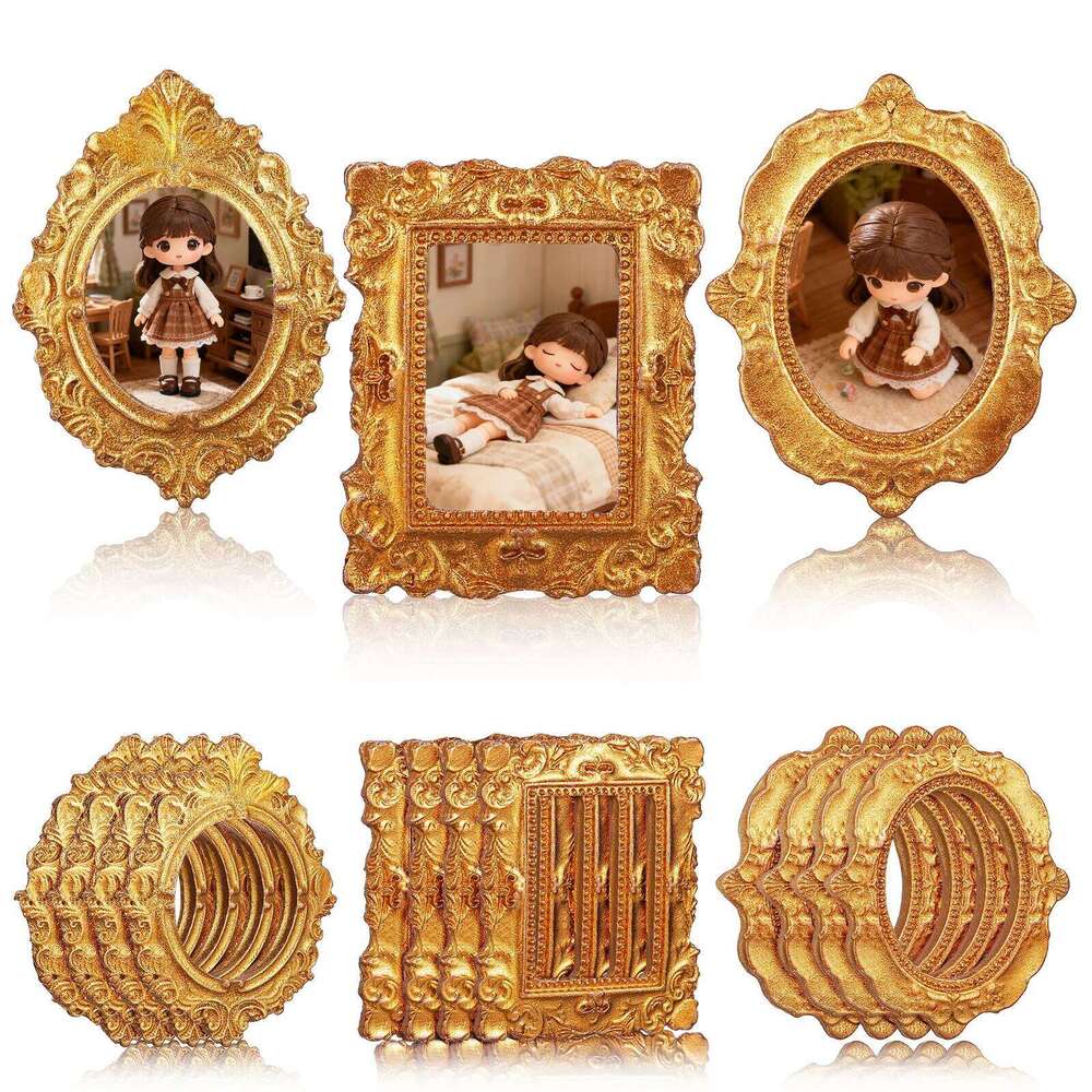 15 Pcs Photo Frame Picture Resin Gold Frames Props Charm Jewelry Retro Micro Landscape Mini House Decor S260205