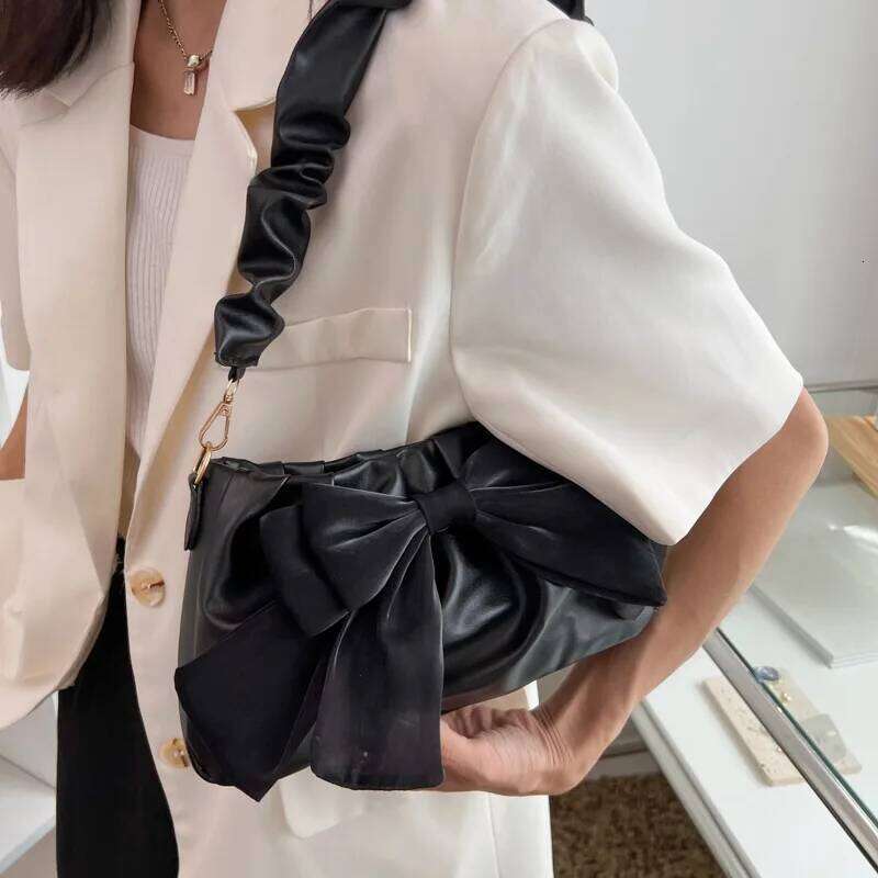 Fashion Casual For Women Cute Bow Black White Blue Kahki PU Handbags Trendy Daily Shoulder Underarm Bags bolsa feminina Z260207 - view 3