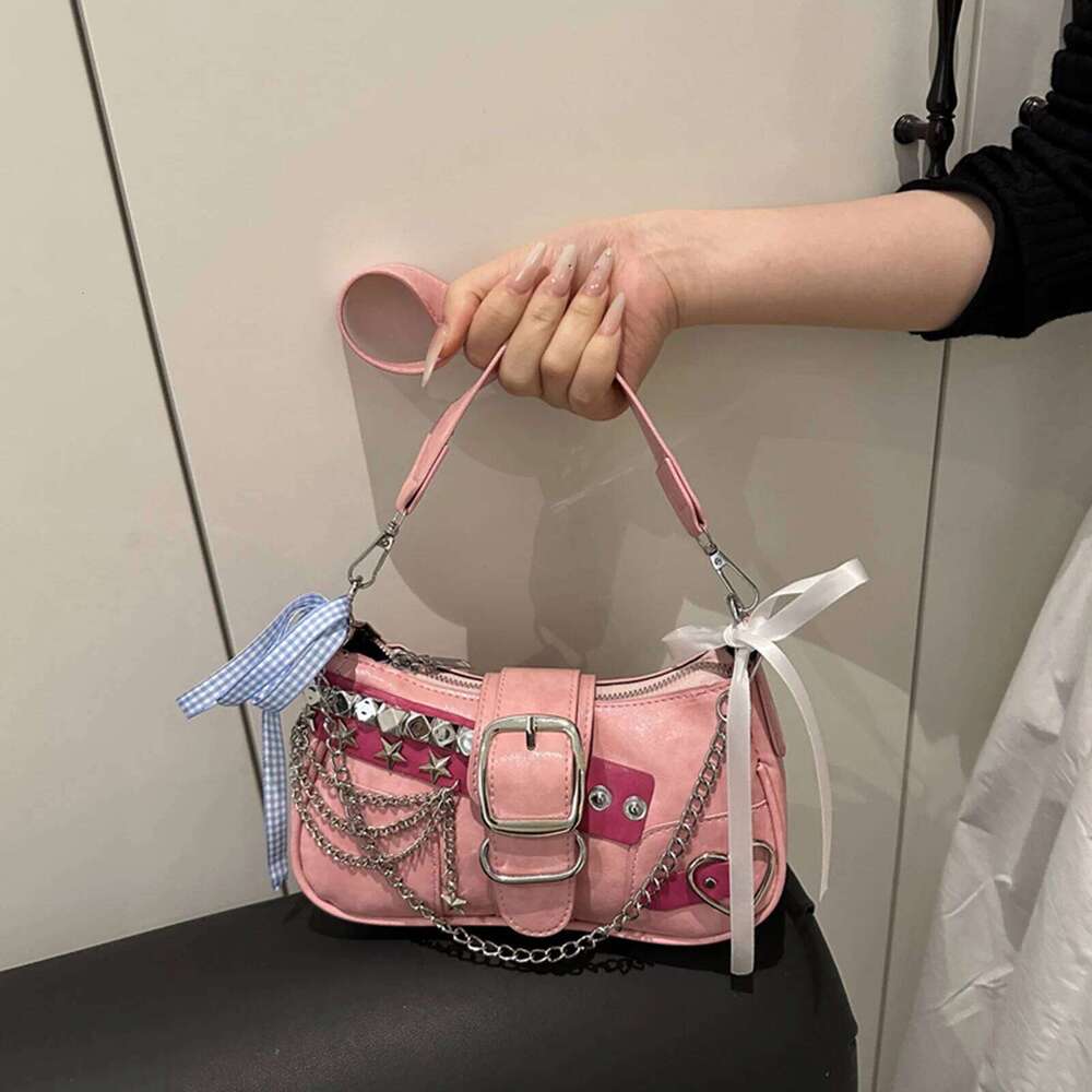 Women Y2K Hobo Shoulder Vintage Rivet Handbag Gothic Punk Small Crossbody Bags Fashion Bows Underarm Pouch Retro Armpit Bag Y260205