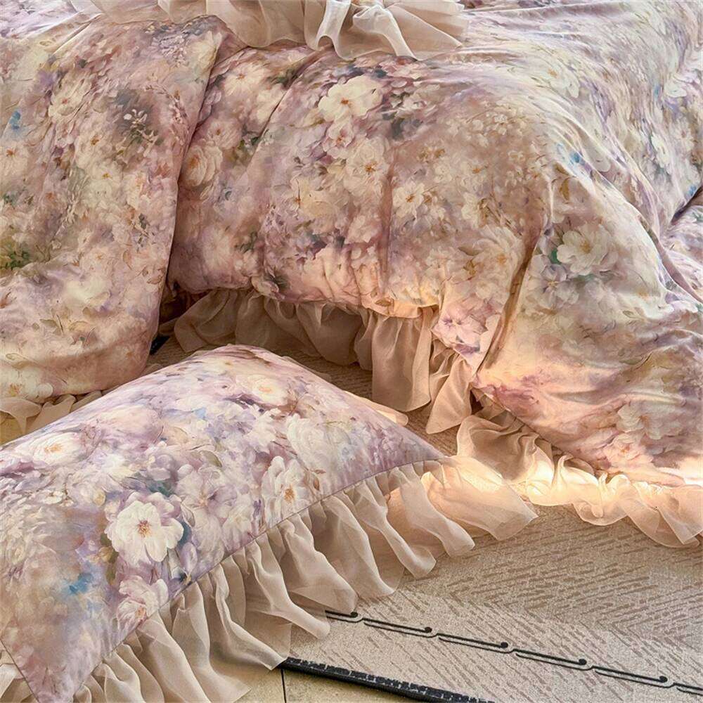 Pink Flower Bedding Soft Bedroom Decor Comforter Ruffles Duvet Cover Pillowcase Bed Sheet Luxury Home Four Pieces Set XJ260206