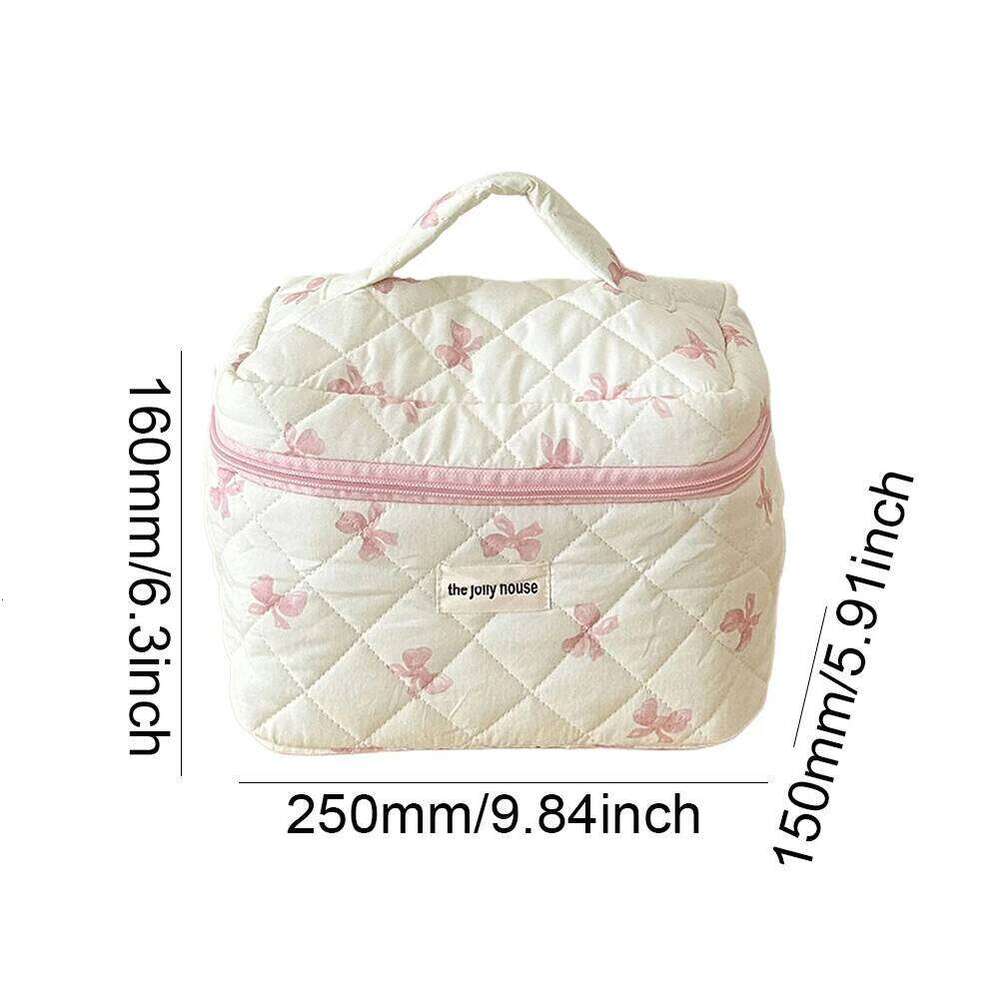 Cute Bow with Zipper Makeup Storage Bag Cotton Quilted Cosmetic Organizer Case for Women and Girls Y260206