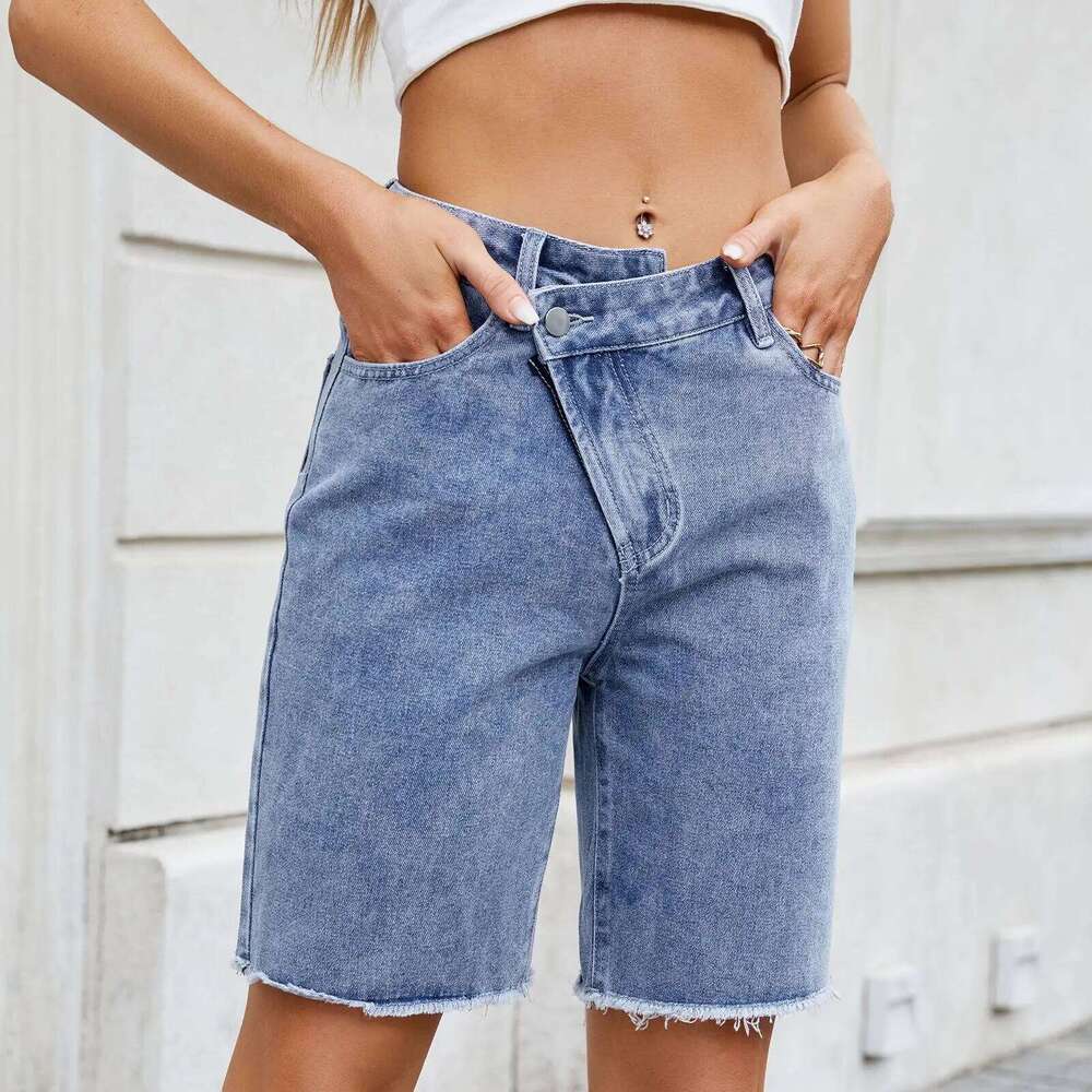 Irregularly Waisted Women's Denim Shorts. Spring and Summer New Fashion Solid-color Casual Loose Straight-leg Mid-length Jeans XJ260206