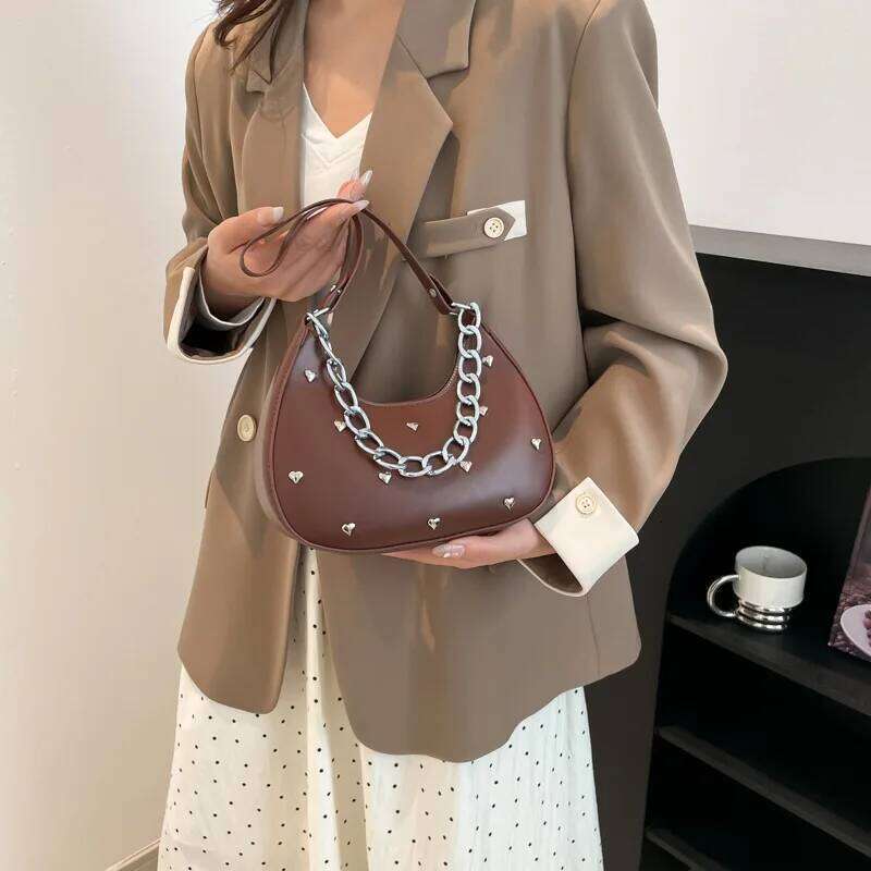Versatile Heart Decoration Underarm Bags for Women Simple Fashion Ladies Y2k Shoulder Bag Pu Leather Portable Female Handbags Y260205