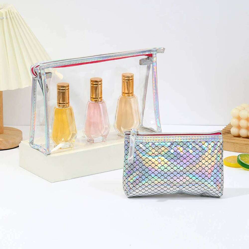 New two-piece waterproof PVC cosmetic Laser fish scale storage and grooming Multi functional women's makeup bag Y260206