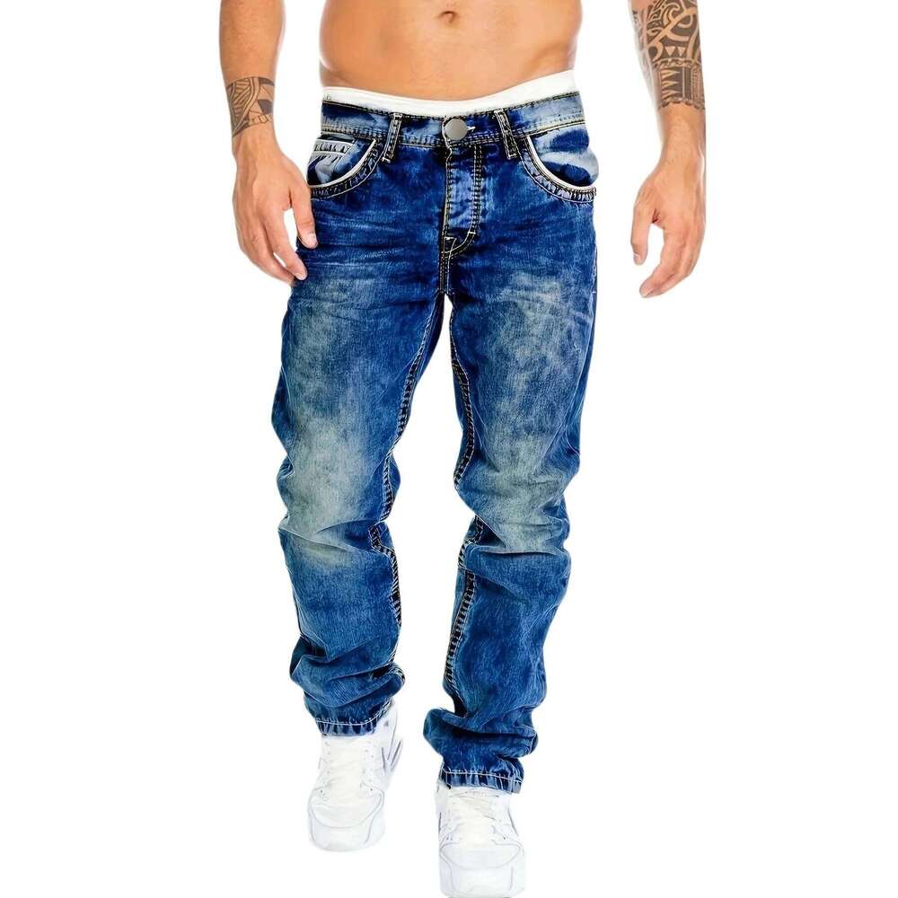 1pc Men's Casual Slim-Fit Stretch Jeans, Fashionable Street-Style Gradient Denim Pants with Washed-Out Look, Regular Fit, Machin X260207