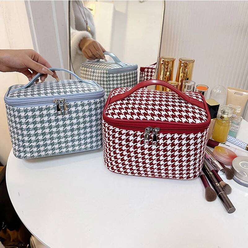 New Women Houndstooth Pattern Tote Makeup Portable Travel Organizer Cosmetic Toiletry Storage Bags Large Capacity Zipper Bag Y260206