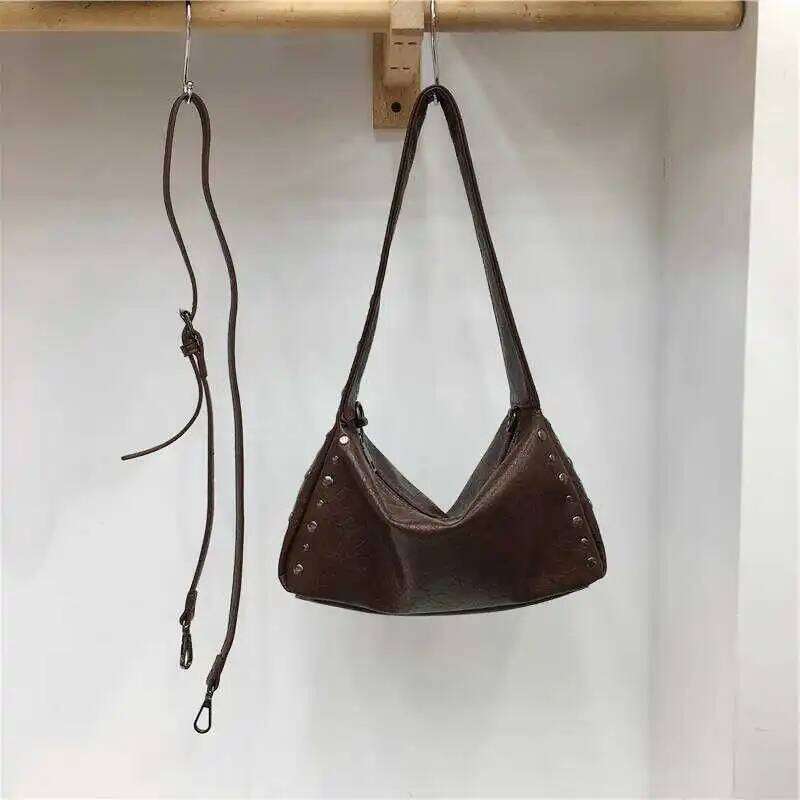 Punk Style Rivet Design Soft Leather Underarm Bags Women Solid Color Casual Shoulder Bag Large Capacity Lady Handbags Y260205