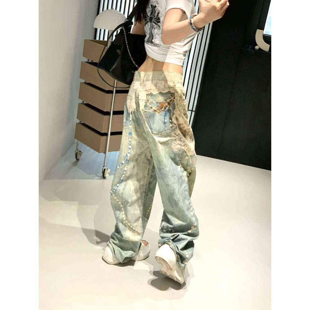25SS lace pearl chain trompe l'oeil 3D printed 1981 straight leg jeans for men and women ropa hombre X260207
