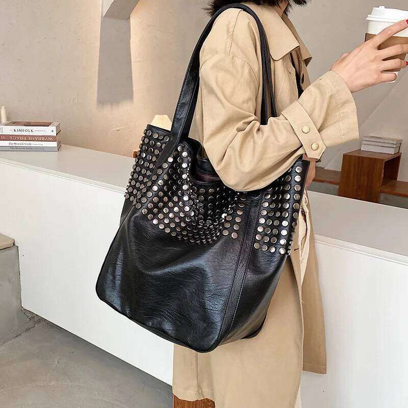 Fashion Rivet Tote Bag 2026 New Women Large Capacity Shopping Handbags Temperament Versatile PU One Shoulder Underarm Bags Y260204