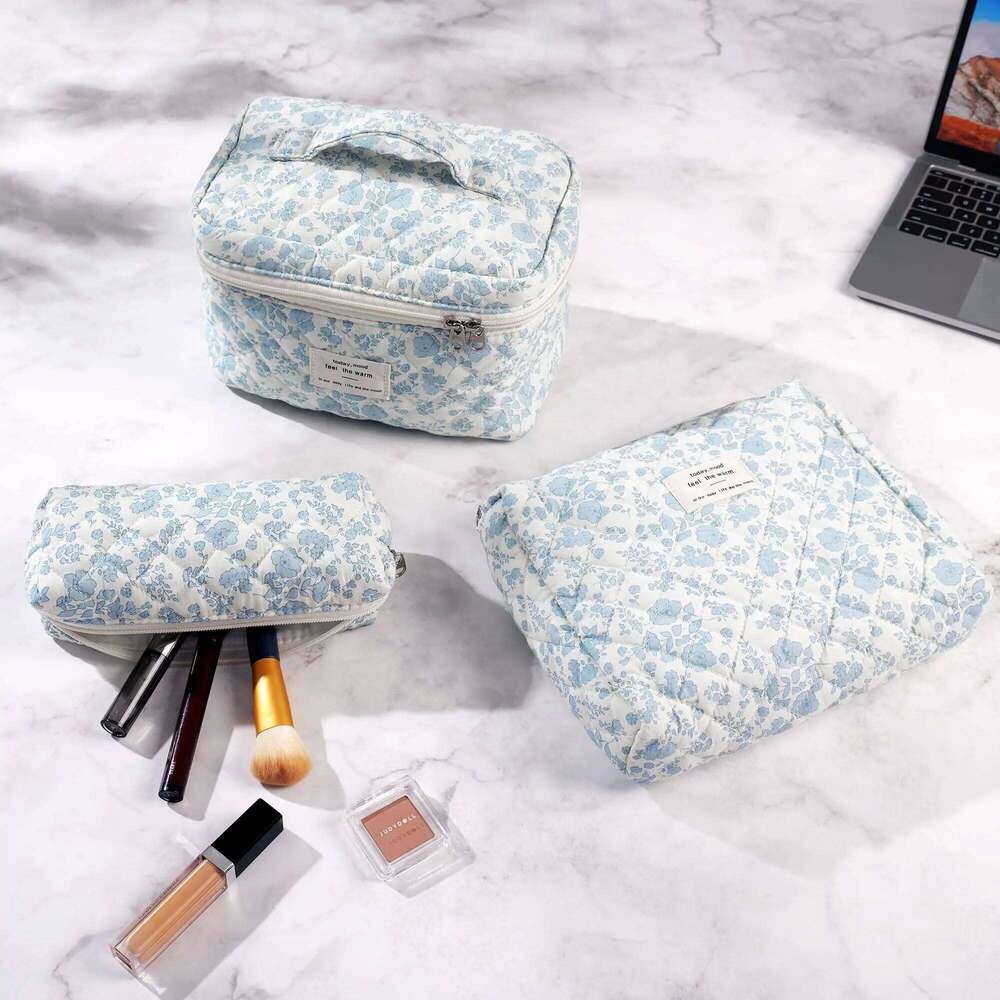 3Pcs Cotton Quilted Makeup Bag Set Women Zipper Cosmetic Organizer Female Cloth Handbag Portable Toiletry Case for Girls Y260206