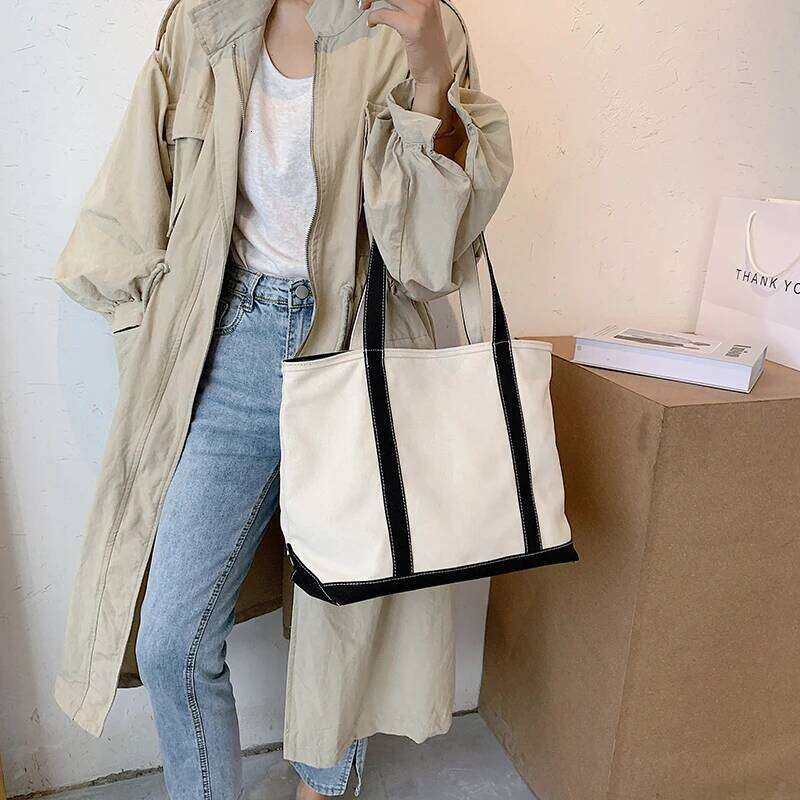 Simple Canvas Women's Handbag Zipper Shoulder 2022 Fashion Striped Strap Large Capacity Ladies Square Tote Shopping Bag Y260205