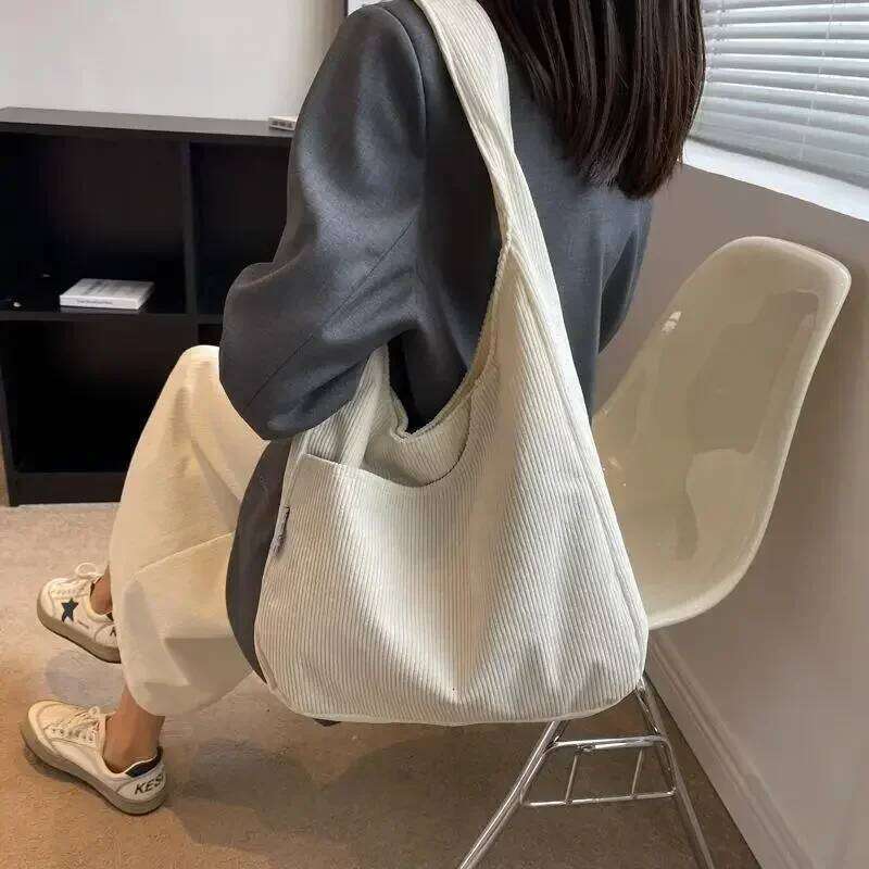 Canvas Shoulder Women's Tote Corduroy Simple Casual Large Capacity Designer Handbags For Women Travel Solid Shopper Bag Y260205