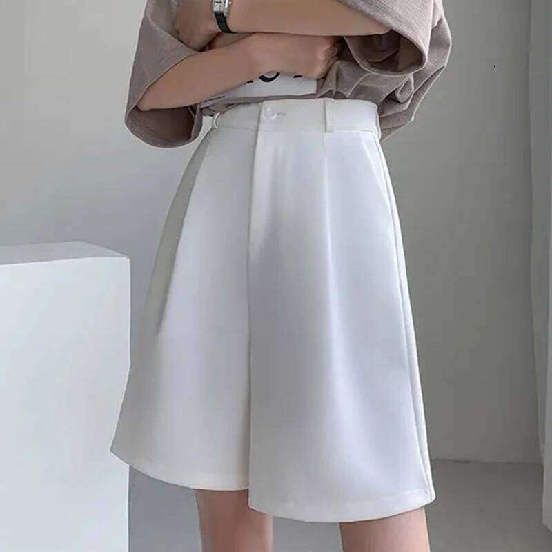 Solid Pleated Suit for Women Elastic Waist Loose Straight Shorts Summer Office Ladies Short Wide-Leg Pants Female XJ260206