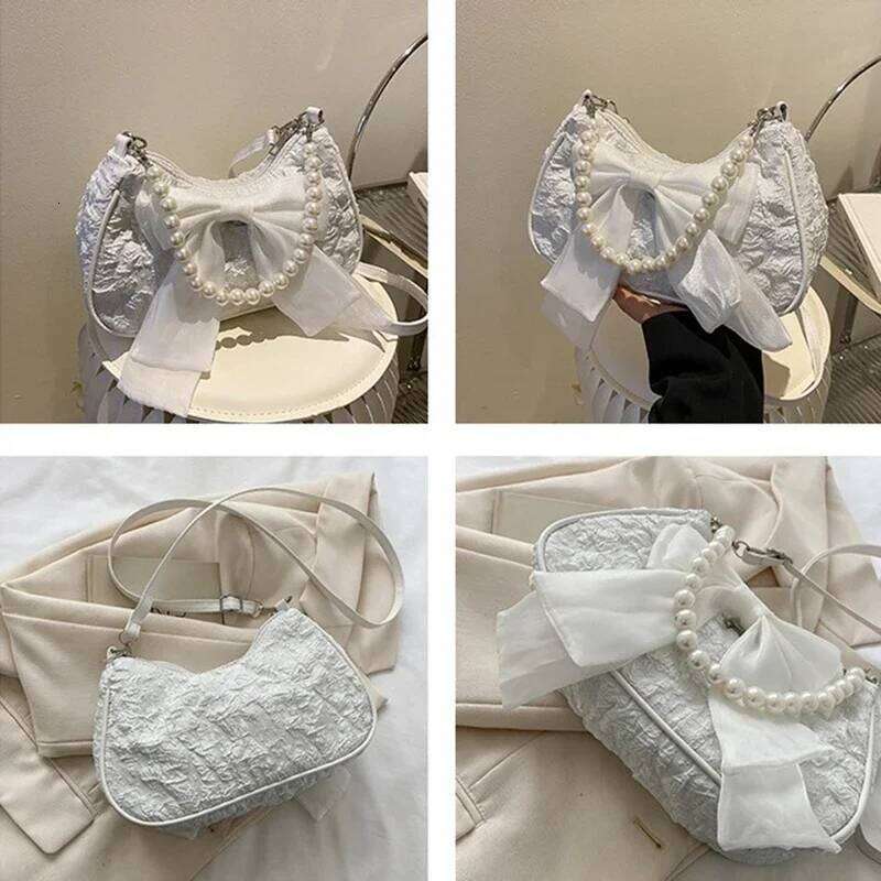 White Pleated Pearl Female Luxury Designer Handbag Cute Bow Shoulder Bag Fashion Y2K Vintage Women's Purse Versatile Y260205