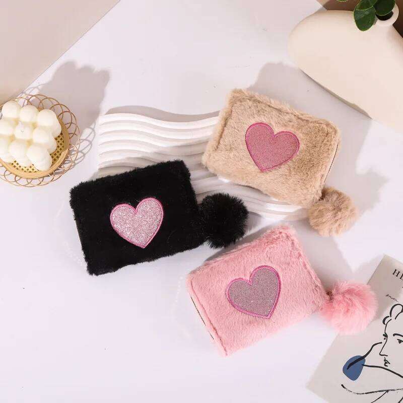 Girls Cute Plush Heart Print Children's Zipper with Holder Clutch Bag Mini Purse Coin Pouch Card Wallet Y260206